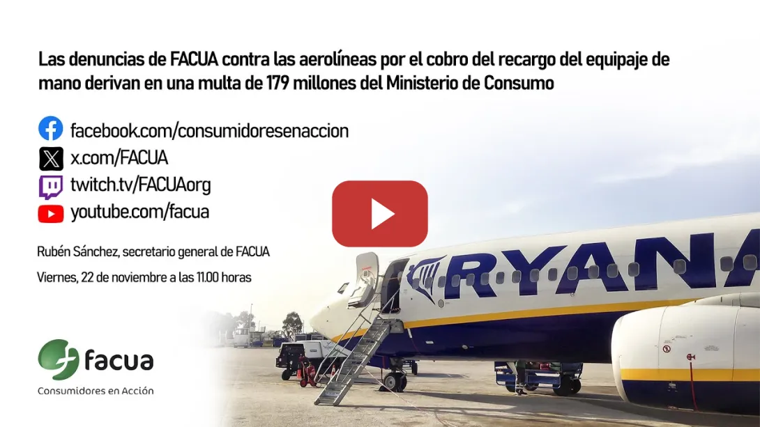 Embedded thumbnail for 179 millones de multa a las aerolíneas por el cobro del equipaje de mano denunciado por FACUA